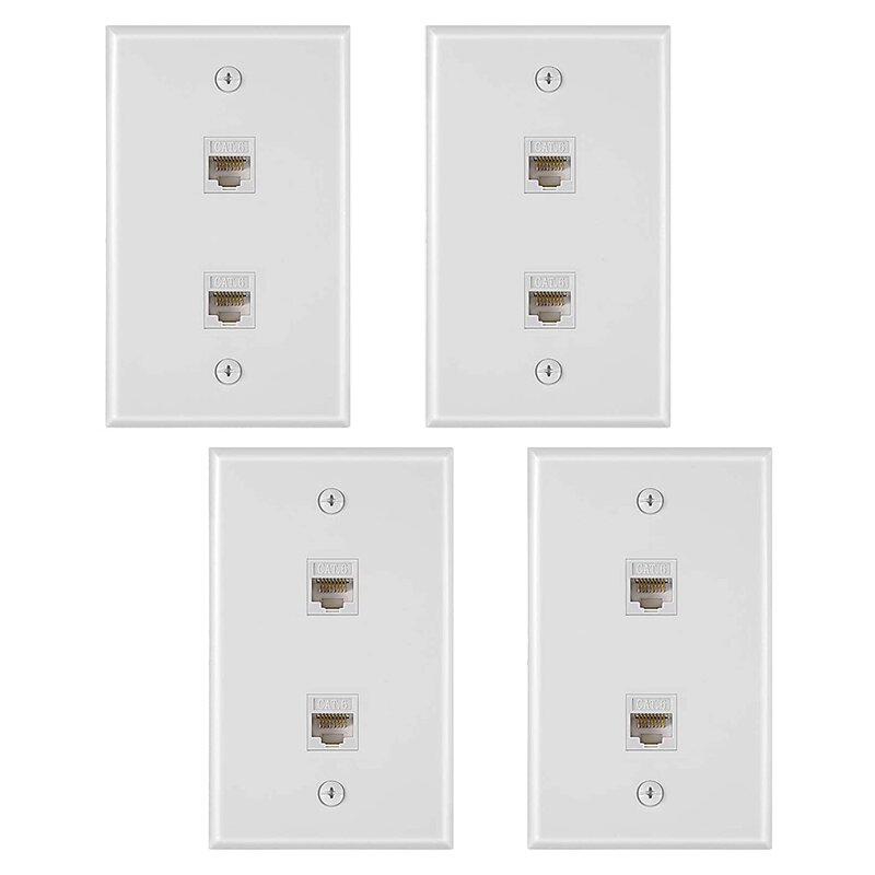 Placa de parede ethernet 2 portas, rj45 cat6, fêmea para jack fêmea, acoplador, cor branca, 4 peças