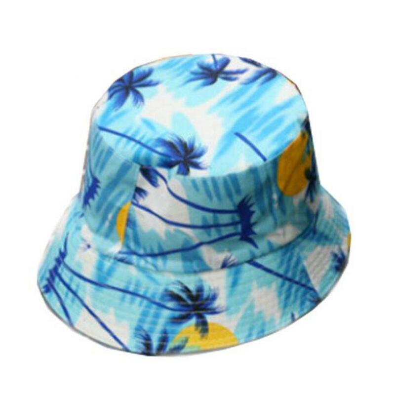 Unisex Bucket Cap Solid Color Coconut Tree Flat Top Cotton Fisherman Sun Hat For Vacation