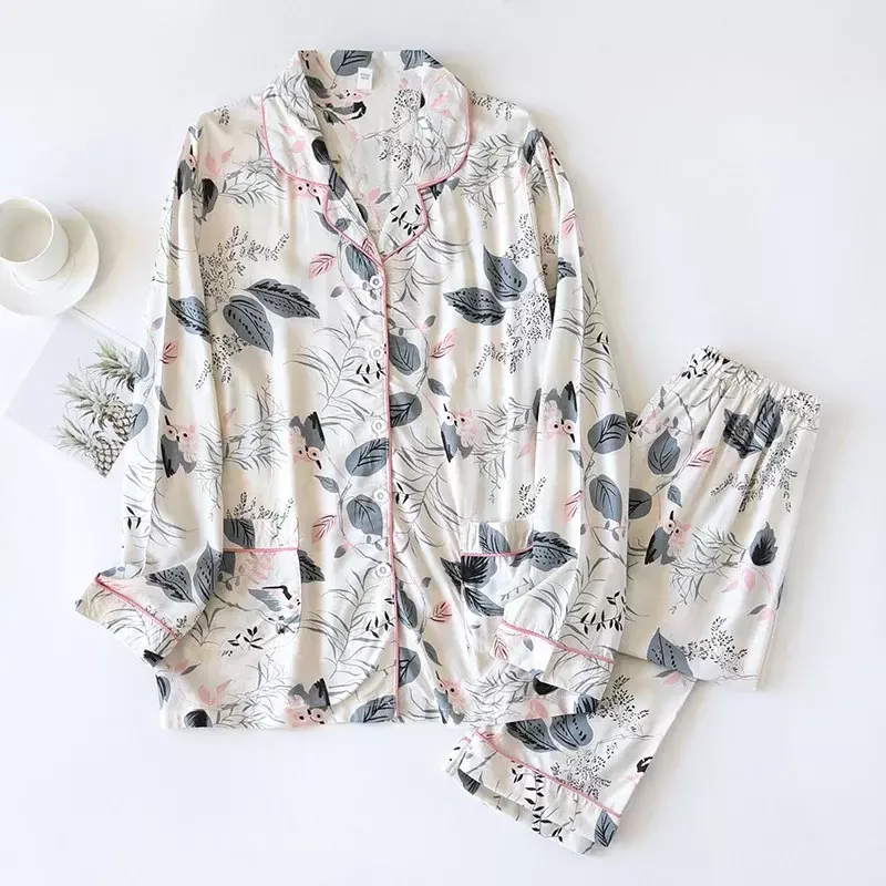 Conjunto de pijama floral estampado feminino, 100% viscose, calça de manga comprida, confortável, manga cheia, moda casual feminina, novo