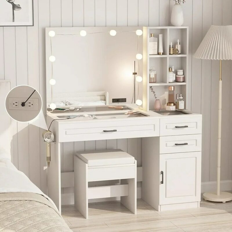 Large Vanity Table With Glass Top and Lots Storage Makeup Dressing Table for Bedroom 3 Drawer Makeup Desk With Hair Dryer Stand