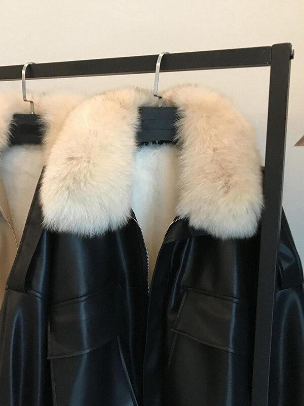 UCXQ zimowa pluszowa zagęszczona płaszcz skórzany dla kobiet odpinana kołnierz ze sztucznego futra kurtka ciepła 2023 jesień zima nowość