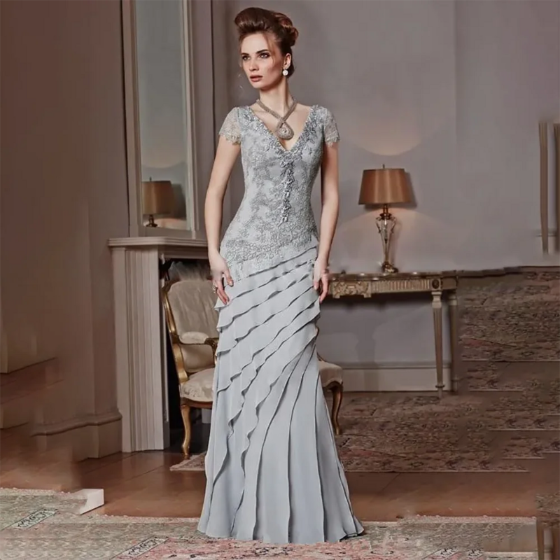 فستان دانتيل أنيق قصير الأكمام ، فساتين سهرة رسمية ، طول الأرضية ، الكشكشة ، أم العروس الفضية ، مطرزة