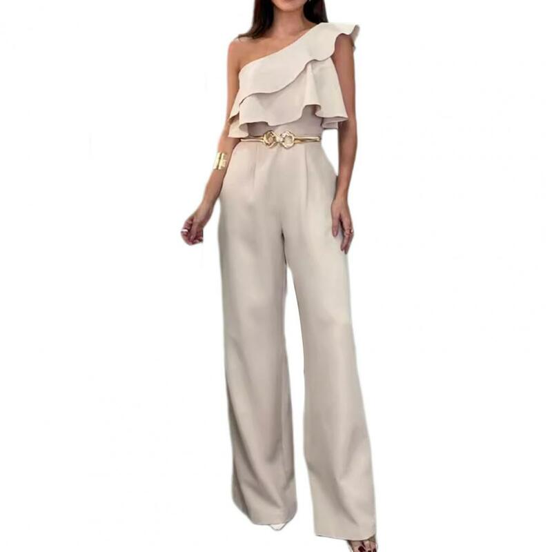 Macacão de plissado elegante de um ombro para mulheres, perna larga, cintura alta, cor sólida, chic slim fit ol, macacão solto, elegante