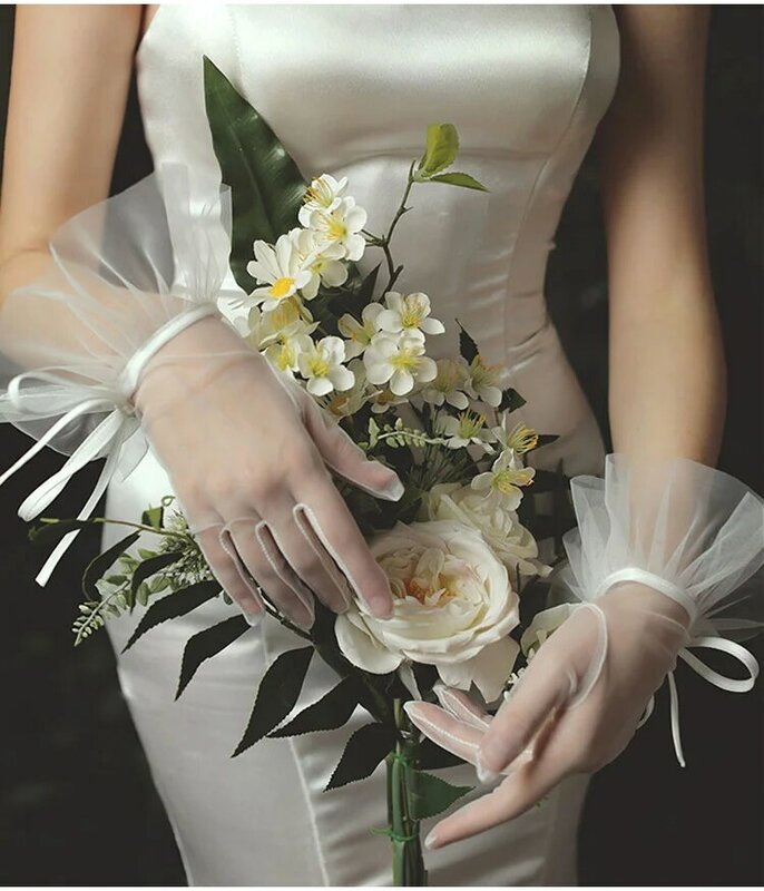 MANRAY Bowknot ริบบิ้นอุปกรณ์เสริม Elegant ผู้หญิงงานแต่งงานชุดเจ้าสาวสั้นถุงมือสีขาว Breathable Tulle