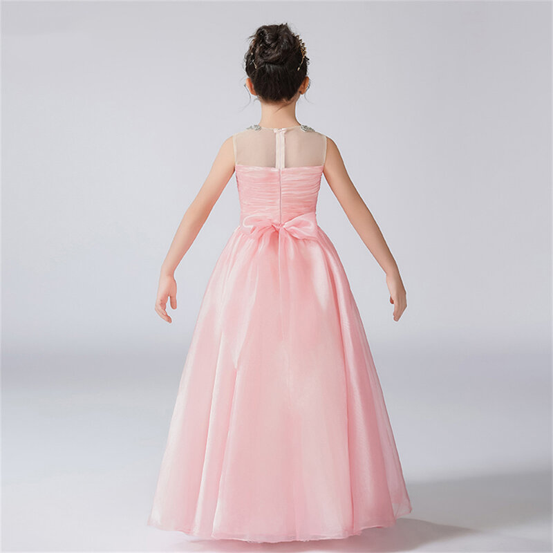 Dideyttawl Organza Pleats O-Neck Dress Rhinestone For Girl Flower Girl Dresses Sleeveless Kids Birthday Formal Princess Gowns