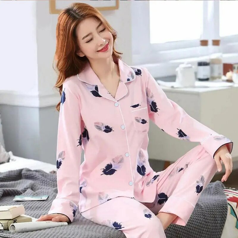 Solid-color Jacquard Top Trousers Set Stylish Women's Loungewear Set Lapel Neck Pajamas with Elastic Waist for Spring for Ladies
