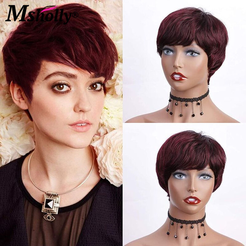 Pixie Shortcut with Bangs Brazilian Red Colored Human Wigs Wavy Malaysian Glueless Wear and Go Remy Hair Wig for Women