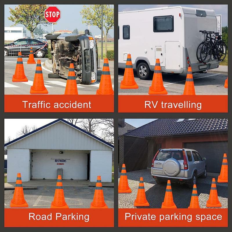 Conos de seguridad en carretera naranja plegables, conos de estacionamiento de tráfico, rayas reflectantes multiusos, 45cm