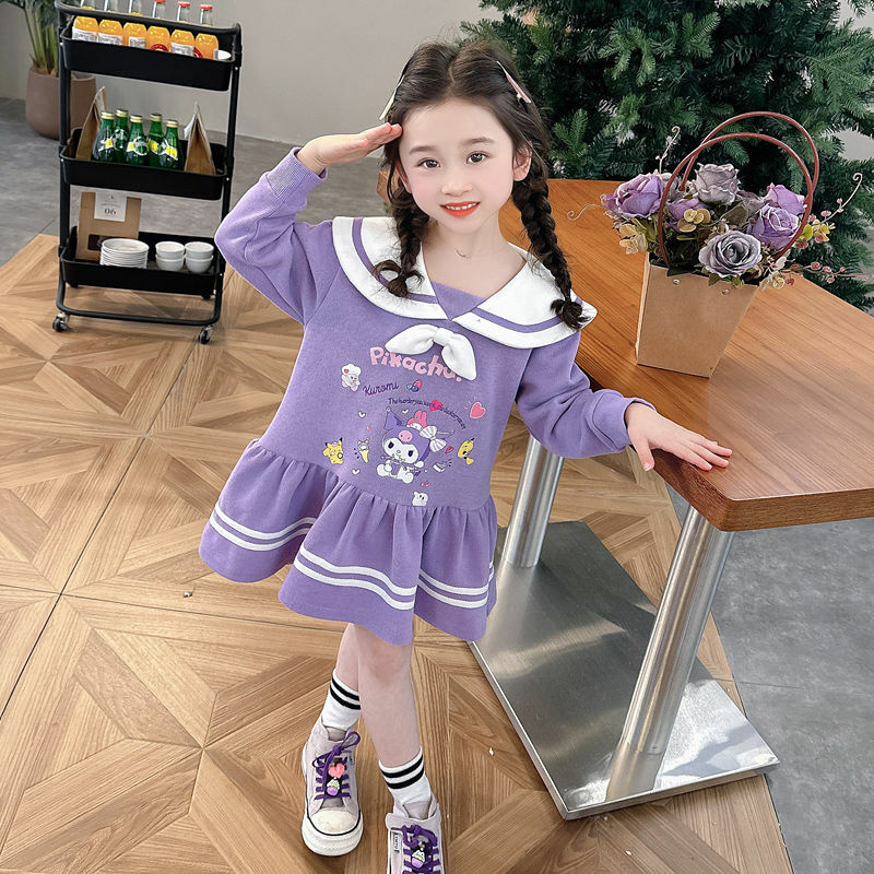 Girls' Kawaii Sanrios Kuromi Vestido de Princesa, Manga Comprida, Saia Plissada Preppy, Pescoço Marinho, Moda, Roupas Doces para Crianças, Bonito