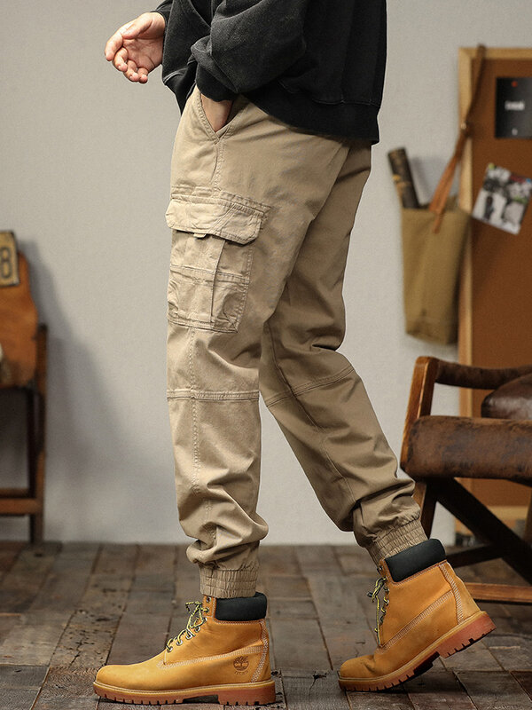 Calças masculinas de algodão multi-bolsos, roupa de trabalho com cordão, calça jogger casual, até o tornozelo, calças largas, outono, nova, 2023