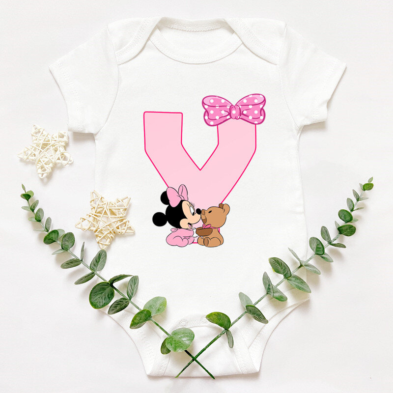 Leuke Baby Custom Naam Brief Combinatie Printing Bodysuit Minnie Mouse Brief Lettertype A B C D E F G Korte mouwen Katoenen Jumpsuit