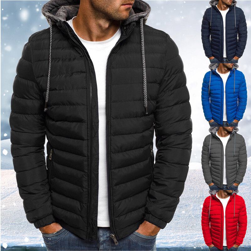 Pakaian katun pria, atasan ritsleting ukuran besar, jaket bertudung hangat musim dingin, mantel lengan panjang warna polos mode luar ruangan