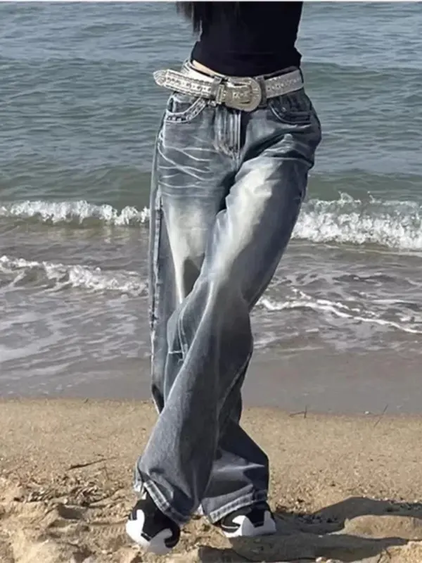 Осенние модные женские свободные синие джинсы в стиле ретро с широкими штанинами, американские повседневные Прямые джинсовые брюки в стиле ретро
