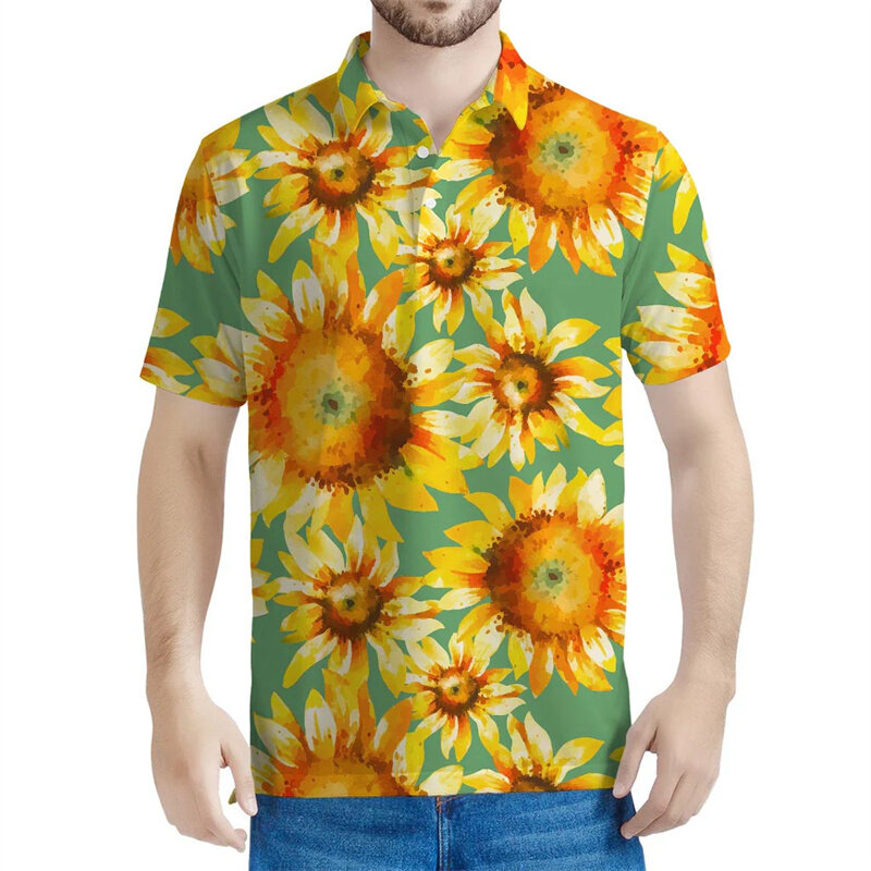 Kaos Polo grafis bunga matahari pria, T-shirt berkancing cetak 3D lengan pendek musim panas