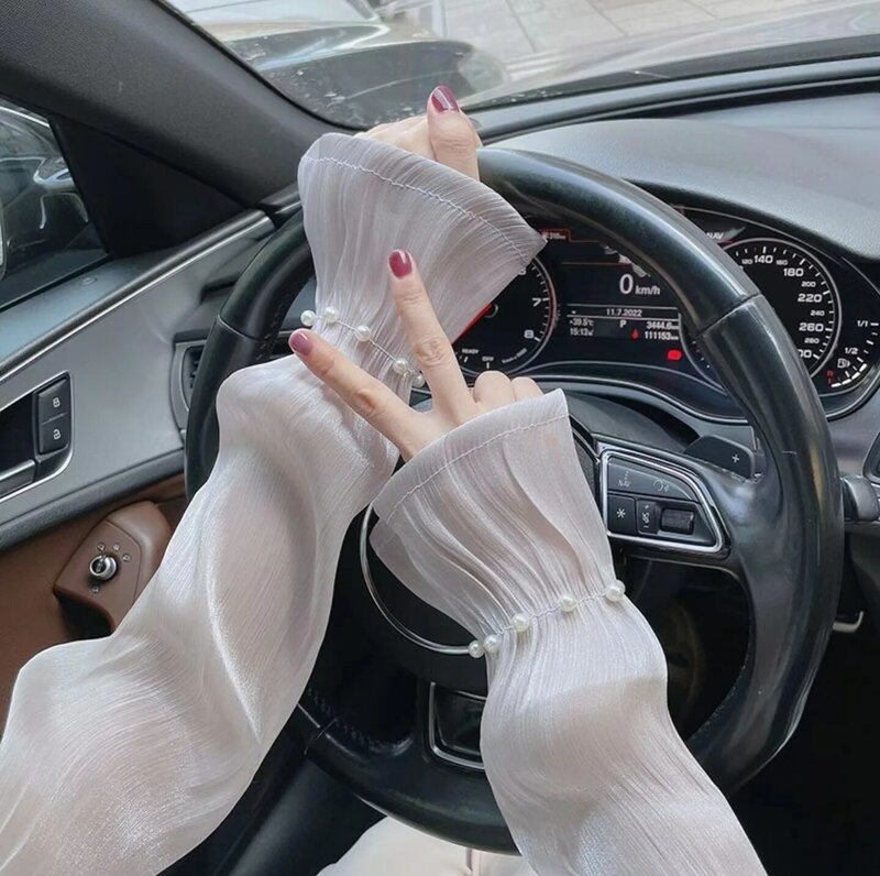 ปลอกแขนกันหนาวสำหรับผู้หญิงหญิงสาวประดับมุกแบบใหม่ฤดูร้อน, ปลอกแขนยาวกันแดดสำหรับใส่ขับรถกลางแจ้งสีพื้น