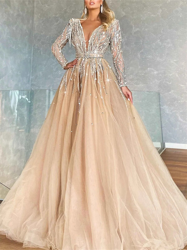 Gaun Prom A-Line manik-manik mewah 2024 gaun malam kerah V rendah seksi gaun panjang lantai kain Tule menawan Vestidos De Novia