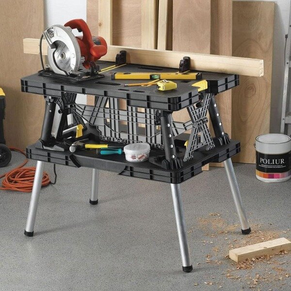 Keter mesa de trabajo plegable portátil, soporte de almacenamiento de herramientas, banco de trabajo con abrazaderas de madera de 12 pulgadas para sierras, mejora del hogar