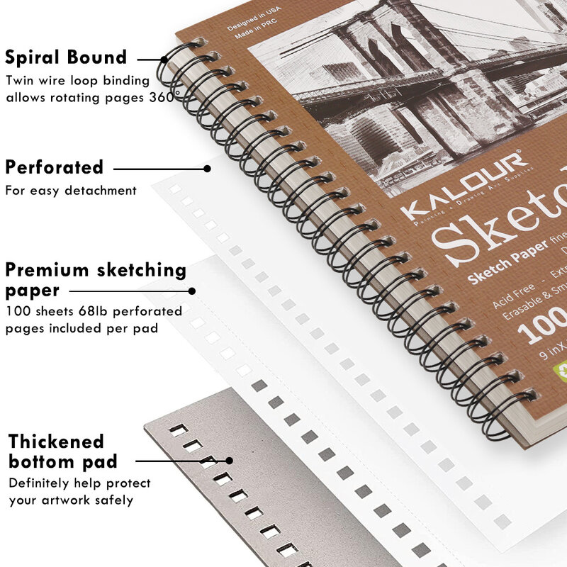 Top Spiral Bound Sketch Book, Sketch Pad, Acid Free Art Sketchbook, Desenho Artístico, 9x12 em, 1 Pacote, 100 Folhas por 68lb/100gsm