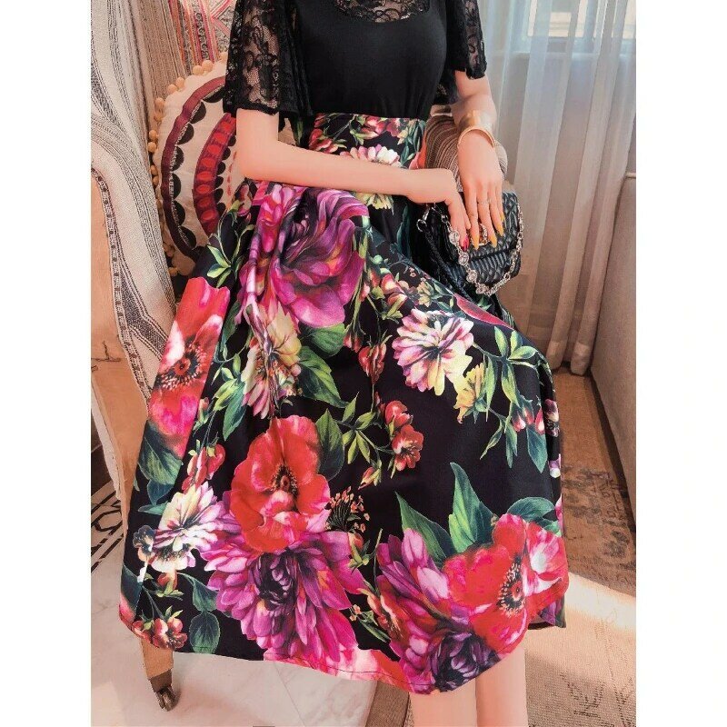 Женская модная элегантная юбка в стиле ретро с большим цветочным принтом, женские трапециевидные юбки средней длины, женские юбки с высокой талией Q636