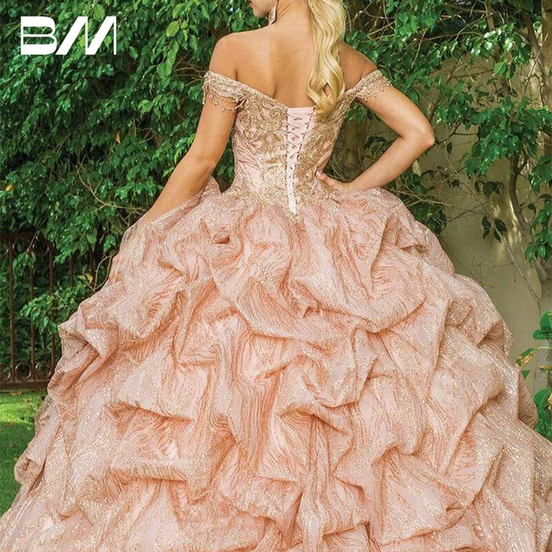 Fora do ombro Ruched Ball Gown, Vestidos Quinceanera lantejoulas, Custom Made Cocktail Prom Gown, Doce 15 Vestido, Querida