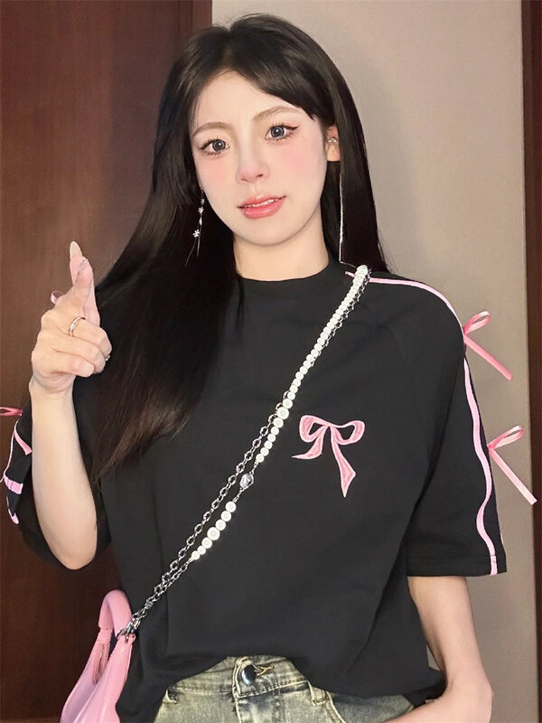 Estilo coreano versátil Casual versátil Top, puro algodão, manga curta, design estilo Lady, verão, novo, arco tridimensional