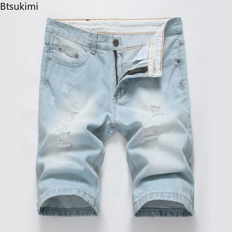 Pantalones cortos de mezclilla para hombre, Jeans elásticos ajustados, con agujeros a la moda, informales, de algodón, novedad de verano, 2024