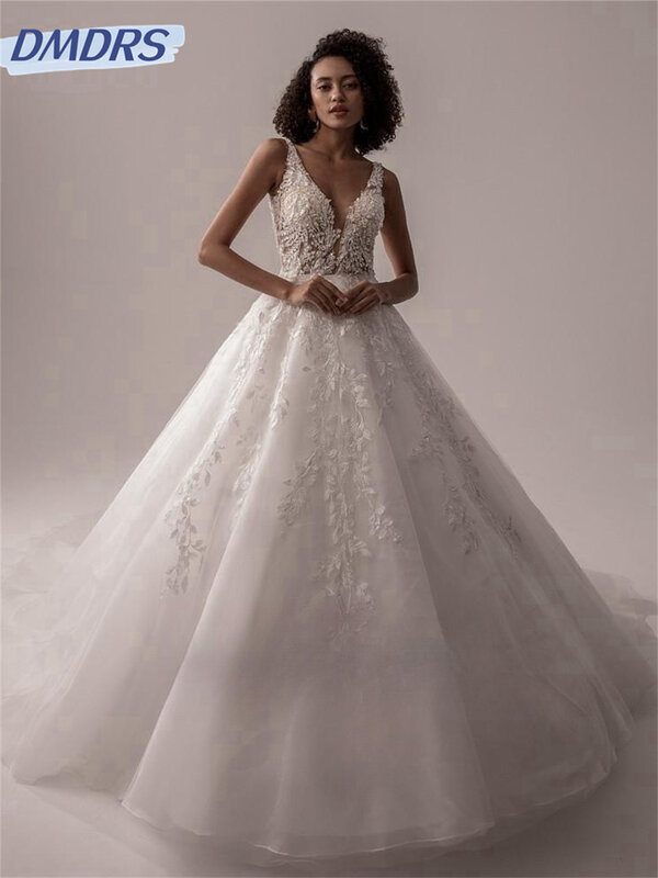 Sexy Spaghetti Strap Bridal Gown, Luxuosos vestidos de casamento impressos, Elegante vestido até o chão