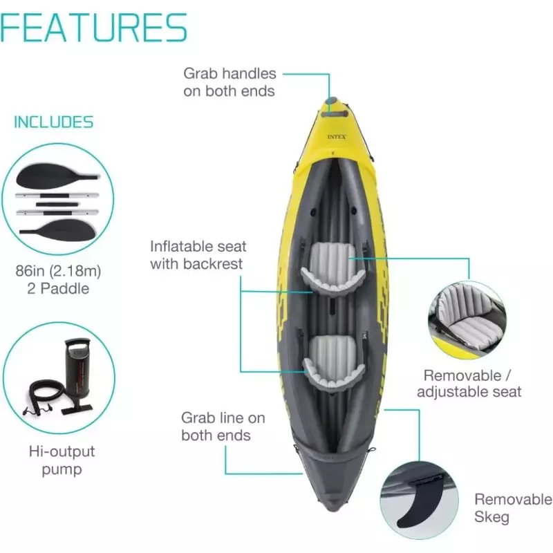 Bote inflable de Pvc que incluye remos de aluminio de 86 pulgadas de lujo y Bomba de alto rendimiento, asientos ajustables con respaldo, Kayak para 2 personas