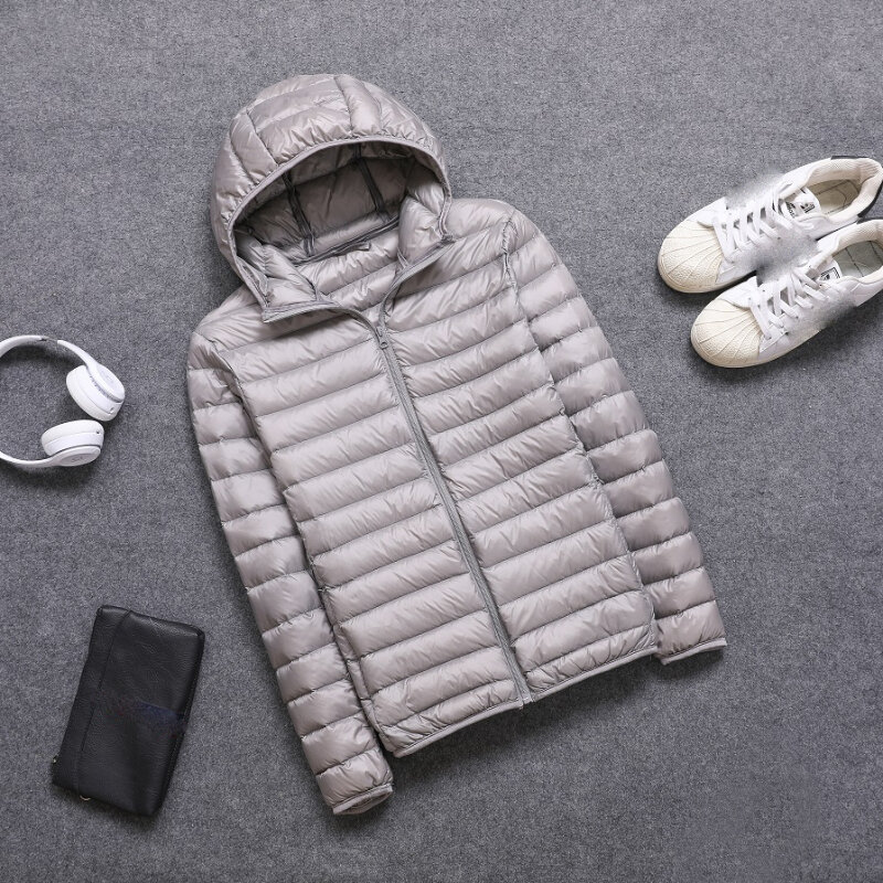 Jaket bertudung untuk pria, jaket bulu angsa tipis ultra-ringan musim gugur musim dingin, mantel bertudung hangat warna putih motif bebek