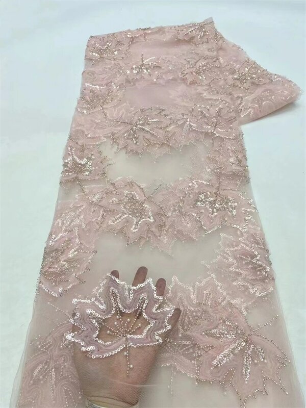 Mutiara biru 3D payet kain renda Afrika kualitas tinggi bordir jala kain renda manik-manik mewah untuk gaun malam pernikahan