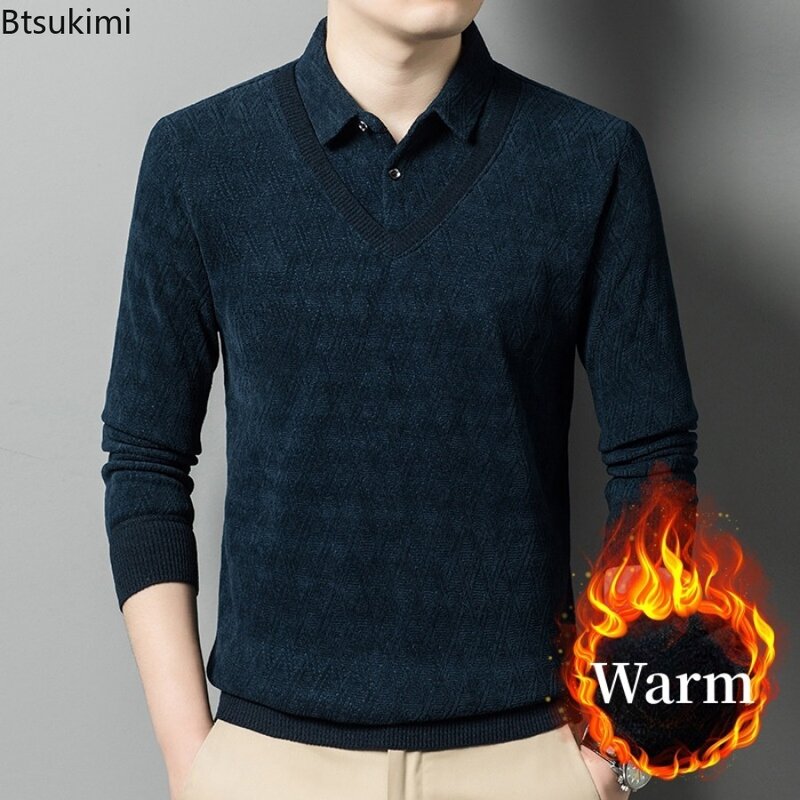 New Men's Autumn Winter Casual Knitted Pullovers Polo Collar Fake Two Piece Knitwear Sweaters Comfortable and Warm Tops for Men