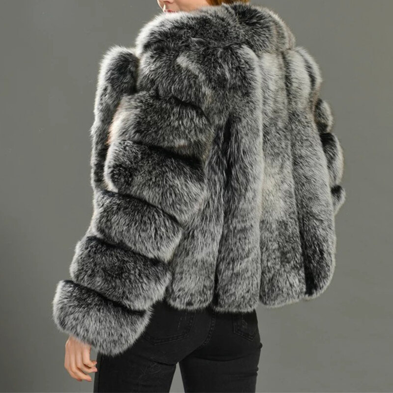 Abrigo de piel mongol para mujer, chaqueta de piel sintética gris zorro plateado, grueso, cálido, esponjoso, ropa de abrigo de invierno para oficina, abrigos de piel Artificial para mujer