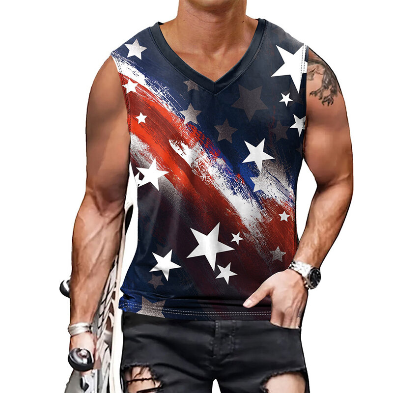 Camiseta personalizada digital 3D masculina, com decote em v estampado, top de fitness barato masculino, bandeira americana, na moda, verão, quente, 2024