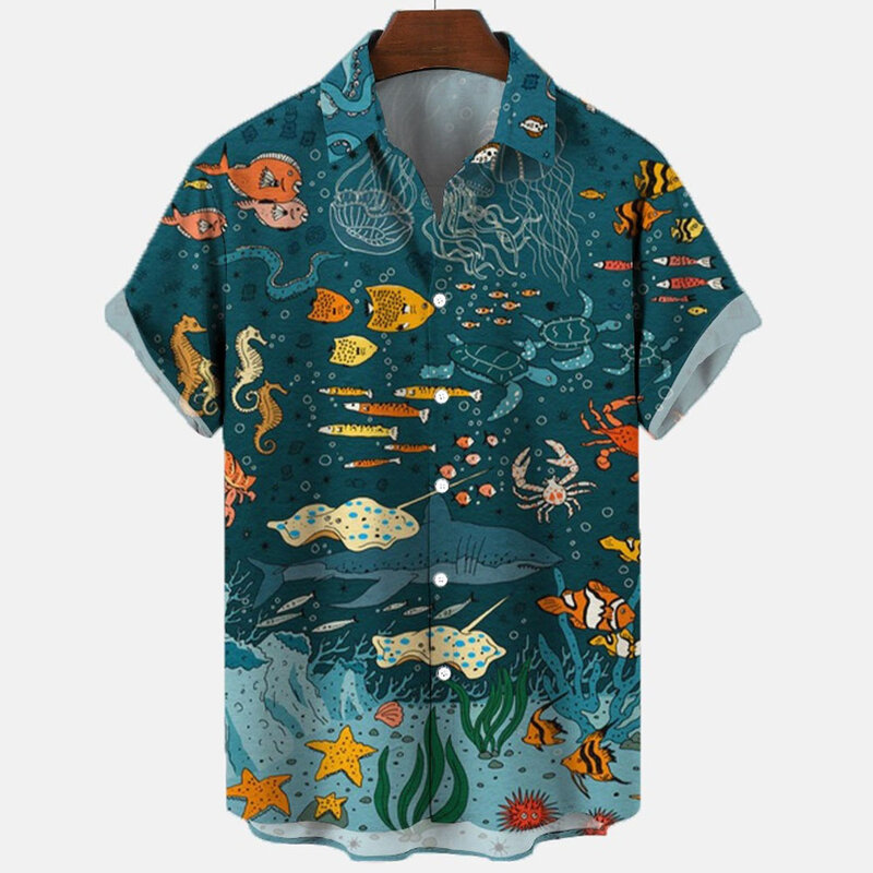 قميص هاواي للرجال بأكمام قصيرة ، طبعة حيوانات بحرية ، فرس البحر ، طية صدر السترة للأسماك ، قميص صيفي فضفاض ، كاجوال ، ثلاثي الأبعاد ، 5XL