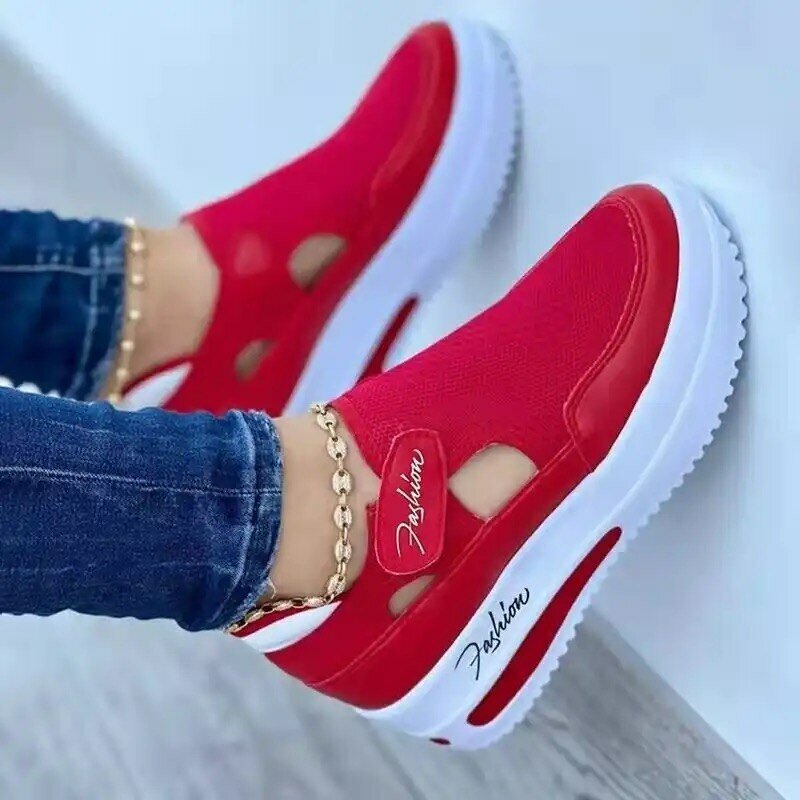 Czerwone buty na co dzień, DAMSKA oddychająca marka modowa, letnie sandały damskie na platformie, buty wulkanizowane, nowe damskie buty sportowe