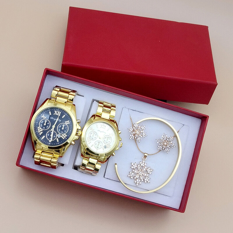 Set jam tangan pasangan, 6 buah jam tangan kuarsa mewah tiga mata baja pria gelang wanita anting kalung dengan kotak