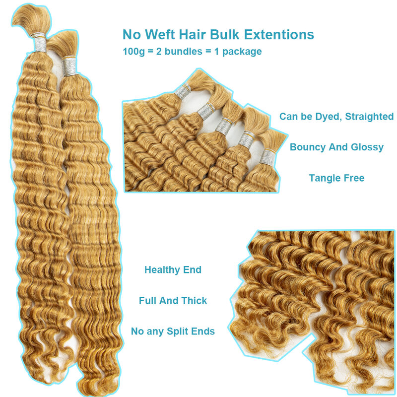 Nabi Honey Blonde Hair Braiding Bundles Deep Wave Virgin Human Hair Bulk No Weft Hair Extensions for Boho Braids