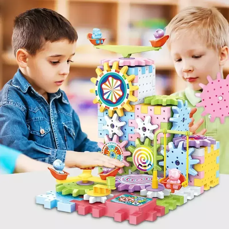 Bloques de construcción de modelo de engranajes de pista eléctrica 3D, bloques de Casa de plástico para niños, juguetes de construcción educativos, regalos para niños