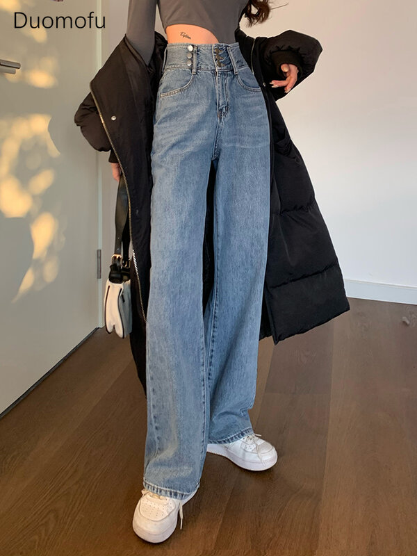 Duomofu Jeans Wanita model lurus longgar, celana jin wanita panjang penuh dasar ramping pinggang tinggi mode Vintage musim panas