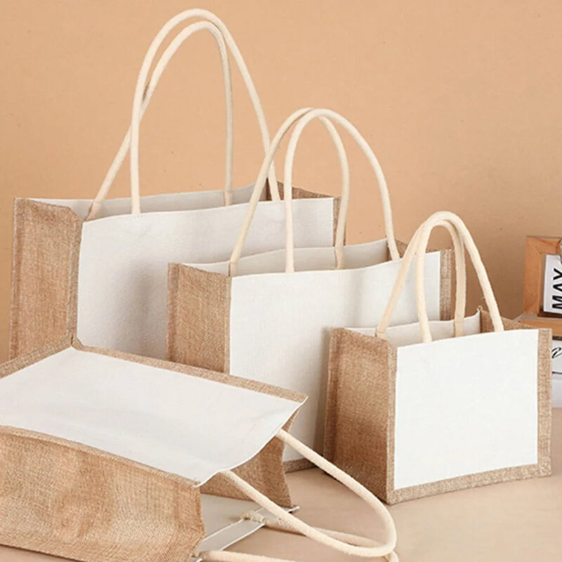 Burlap Jute Shopping Bag for Women Reusable Laege Capacity Tote Bags Simple Contrast Color Top-handle Handbag Underarm Bag 2023