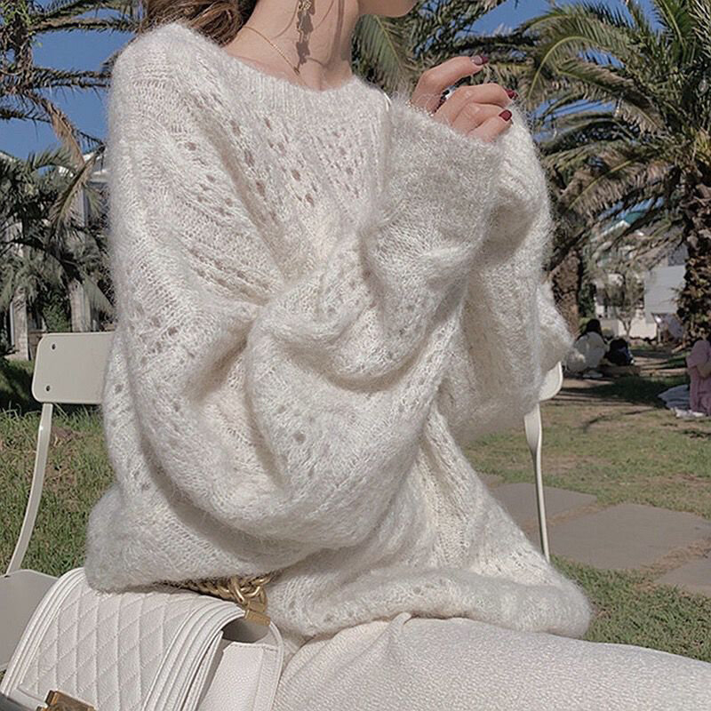 Biała sweter z dziurami damska gorąca wyprzedaż 2024 wiosna jesień nowe leniwy styl miękkie swetry z długim rękawem z okrągłym dekoltem luźny dzianinowy sweter