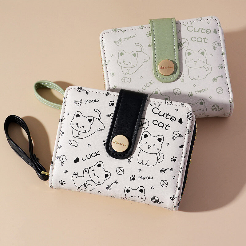 กระเป๋าสตางค์นักเรียนหญิงลายแมวน่ารักสไตล์ญี่ปุ่นที่ใส่บัตรกระเป๋าใส่เงิน ID กระเป๋าสตางค์มีซิปสำหรับใส่กุญแจ dompet koin