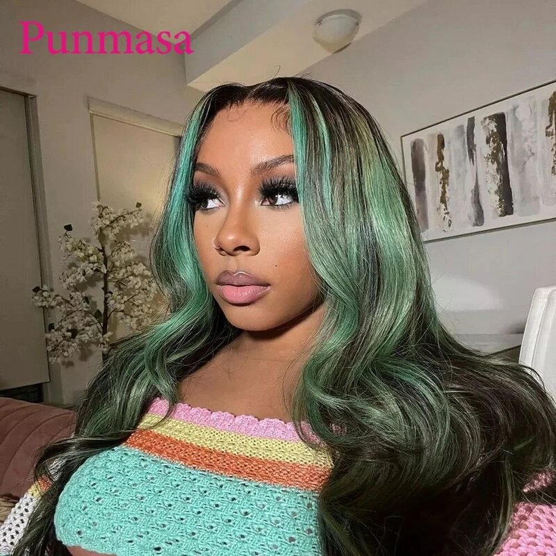 Green Lake Splice Color Body Wave Lace Front Peruca de cabelo humano para mulheres negras, 360 Lace Frontal Wig, 30 ", 13x4 Encerramento, 13x6
