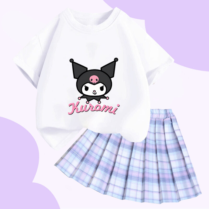 Kawaii子供用ツーピースセット、女の子用半袖とプリーツスカート付きTシャツ、sanrio kuromi crosoll my Ageks、jk漫画、新しい夏