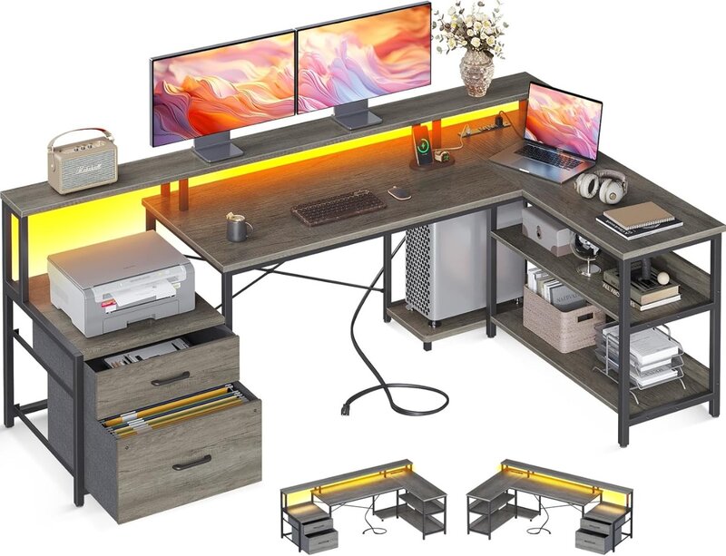 ODK-L Shaped Office Desk com gaveta de arquivo, mesa do computador reversível com tomada, tira LED, armazenamento, 66"