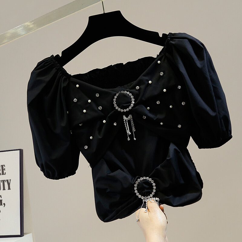 Frauen Nagel Perle Eingelegten Diamant Bogen Puff Hülse Quadrat Kragen Dünne Y2k T-shirts Top Süße Korea Mädchen Sommer 2022