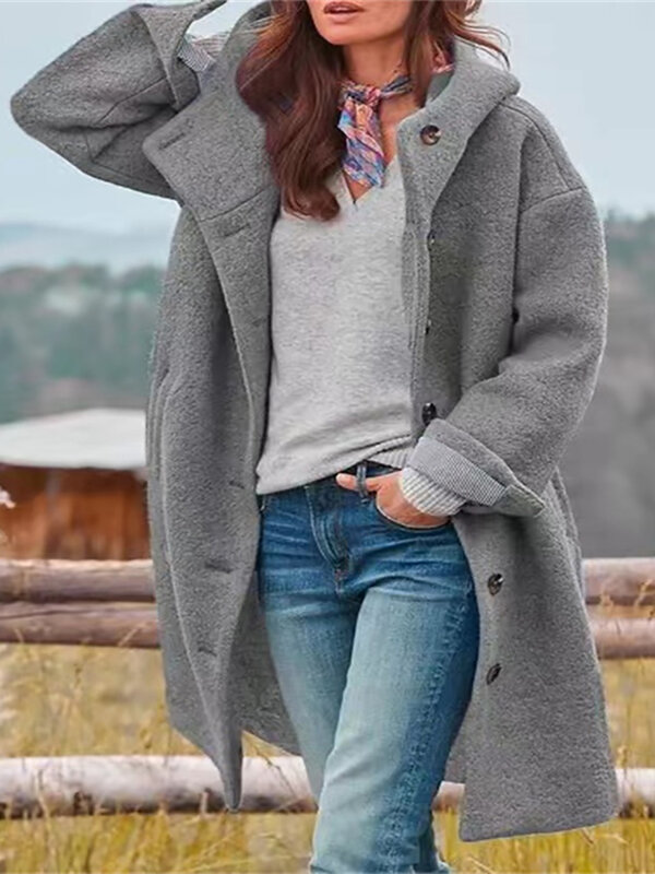 Women Autumn Winter Single Breasted Hooded Outerwear Long Sleeve Solid Elegant Pocket Wool Blends 2022 Streetwear Cardigan Coats