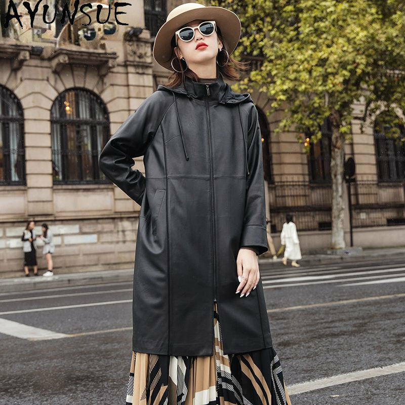 AYUNSUE-Jaqueta de couro real com capuz para mulheres, jaquetas de couro casual, casaco de pele de carneiro para mulher, outono e inverno, 2022