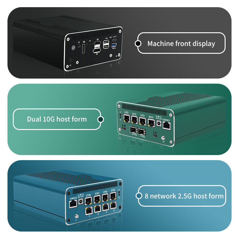 Servidor Proxmox Soft Router, Firewall Appliance, Mini PC, 10th Gen, 2x10G, SFP, 4x Intel i226-V, U300E, i5 1240P, 8x2.5G, LAN, 2 x SATA