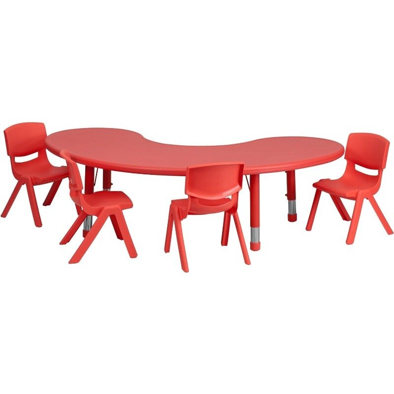 35 "W X 65" L półksiężycowa naturalna plastikowa wysokość regulowana zestaw stołowy aktywności z 4 krzesłami, biurko dziecięce i zestaw krzeseł